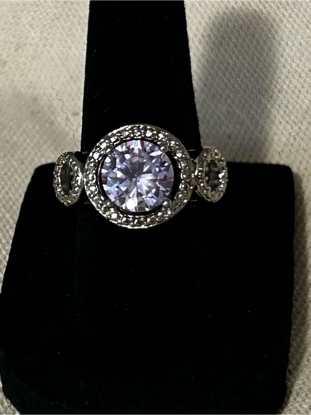 Silver tone Halo Ring with Lavender Center Stone